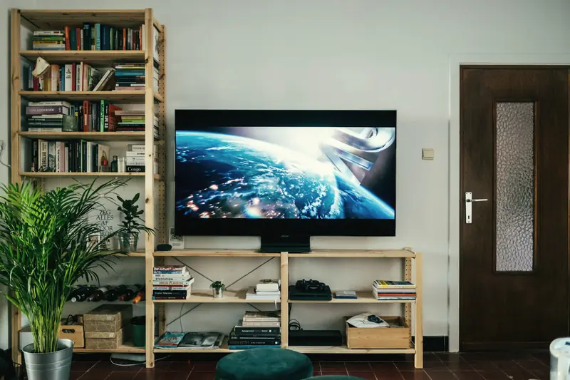 Wohnzimmer mit Fernseher und Bücherregal